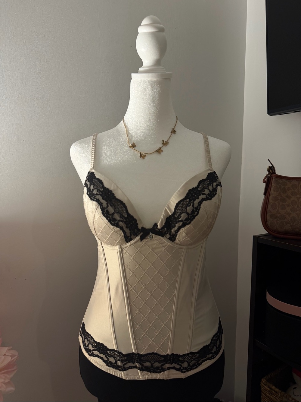 H&M Cream Longline Bustier Corset with Black Lace